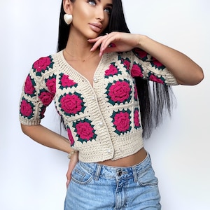 Crochet cotton cropped beige pink cardigan Lace top Crochet Vintage crochet lace shop sleeve top Boho Women Knit summer blouse gift for her