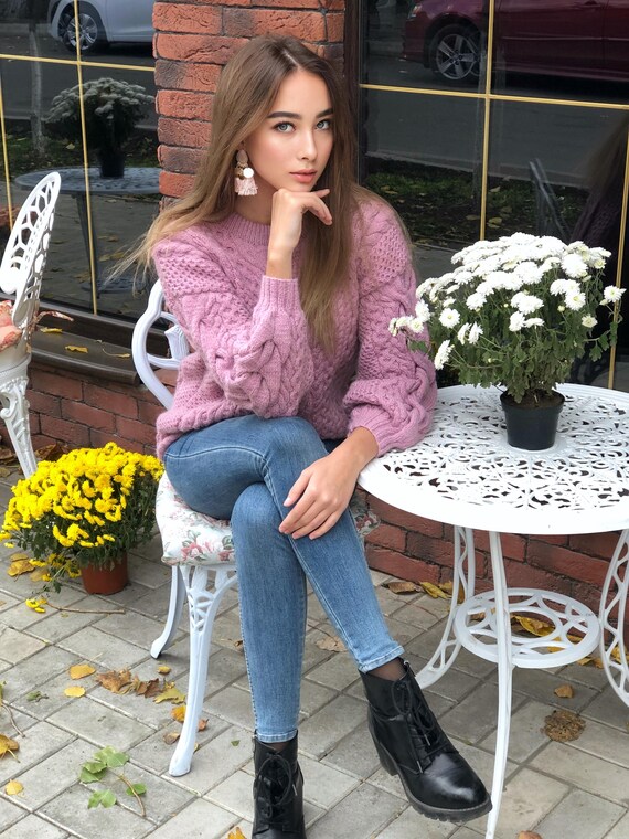 Chunky Hand Knit Light Pink Alpaca Wool Sweater Womens Warm Merino