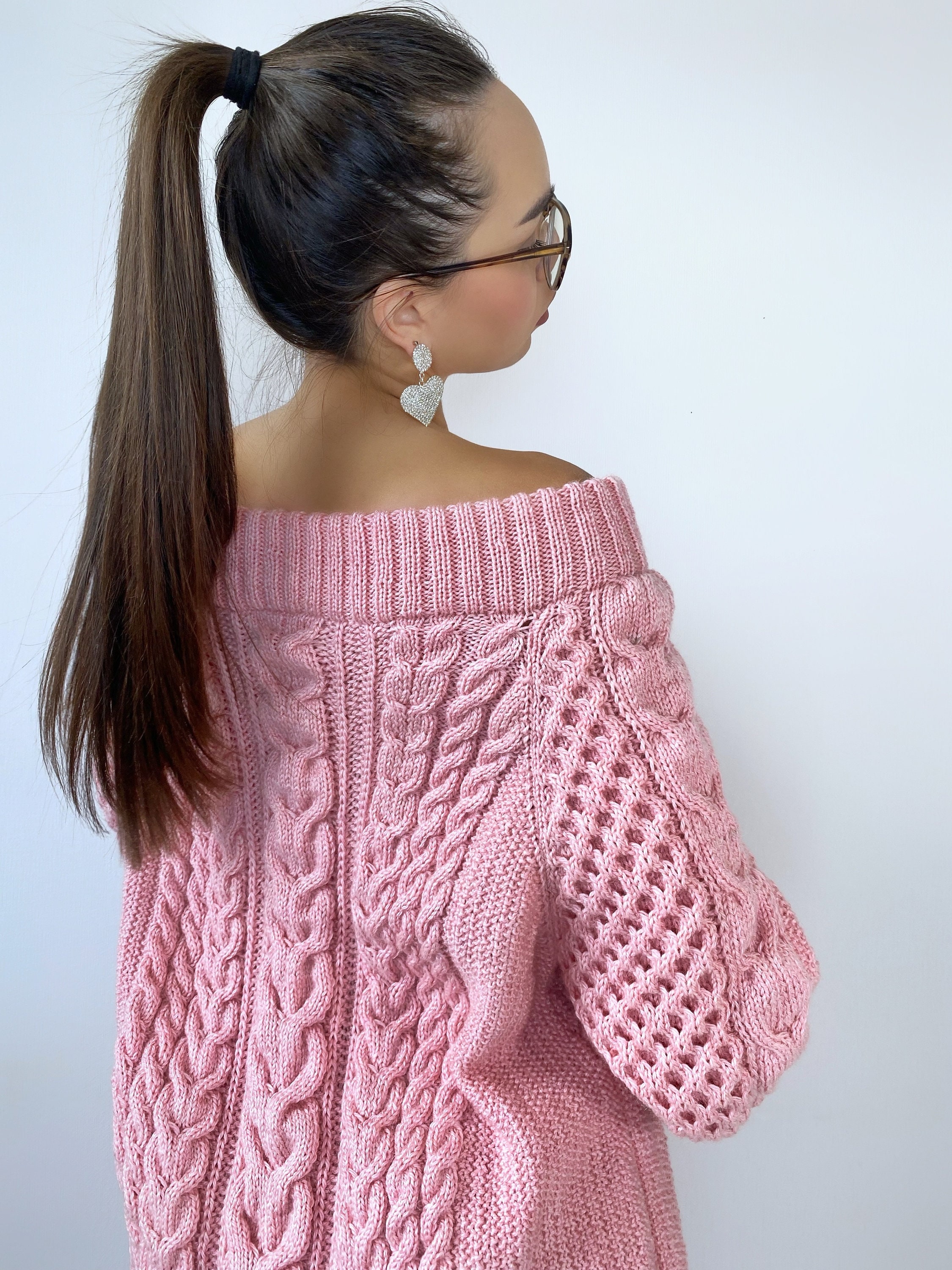 Aran Long Sweater-dress With Open Shoulders Pink Knitted One