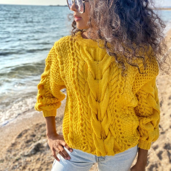 Hand knitted yellow sweater soft wool for women Oversized women’s knit jersey Three-quarter sleeve Chunky lemon sweater