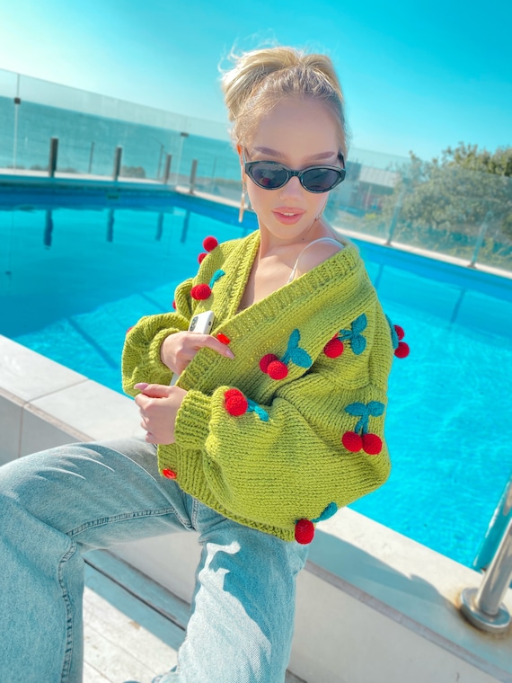 Chunky Knit Green Crop Cherry Cardigan Strawberry Cardigan Knitted