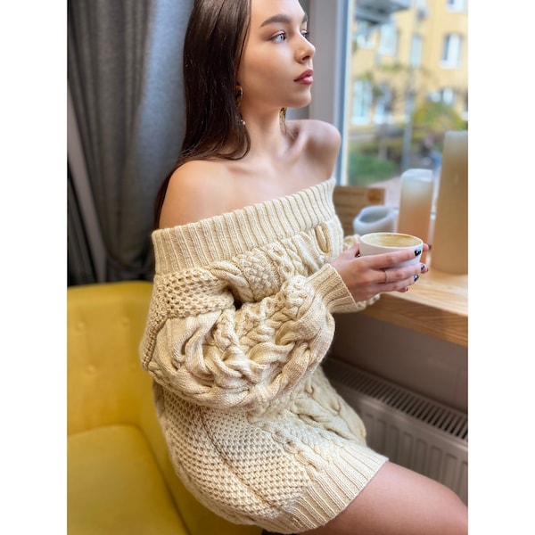 Hand knit merino wool mixture sweater dress Pastel cream off shoulder sweater Knitted jumpsuit dress sweater Loose knit jumper Eco pullover