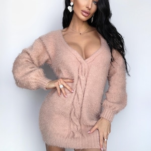 pink angora sweater dress 1980s Hot Pink Angora Sweater Dress-M/L La Poubelle Vintage