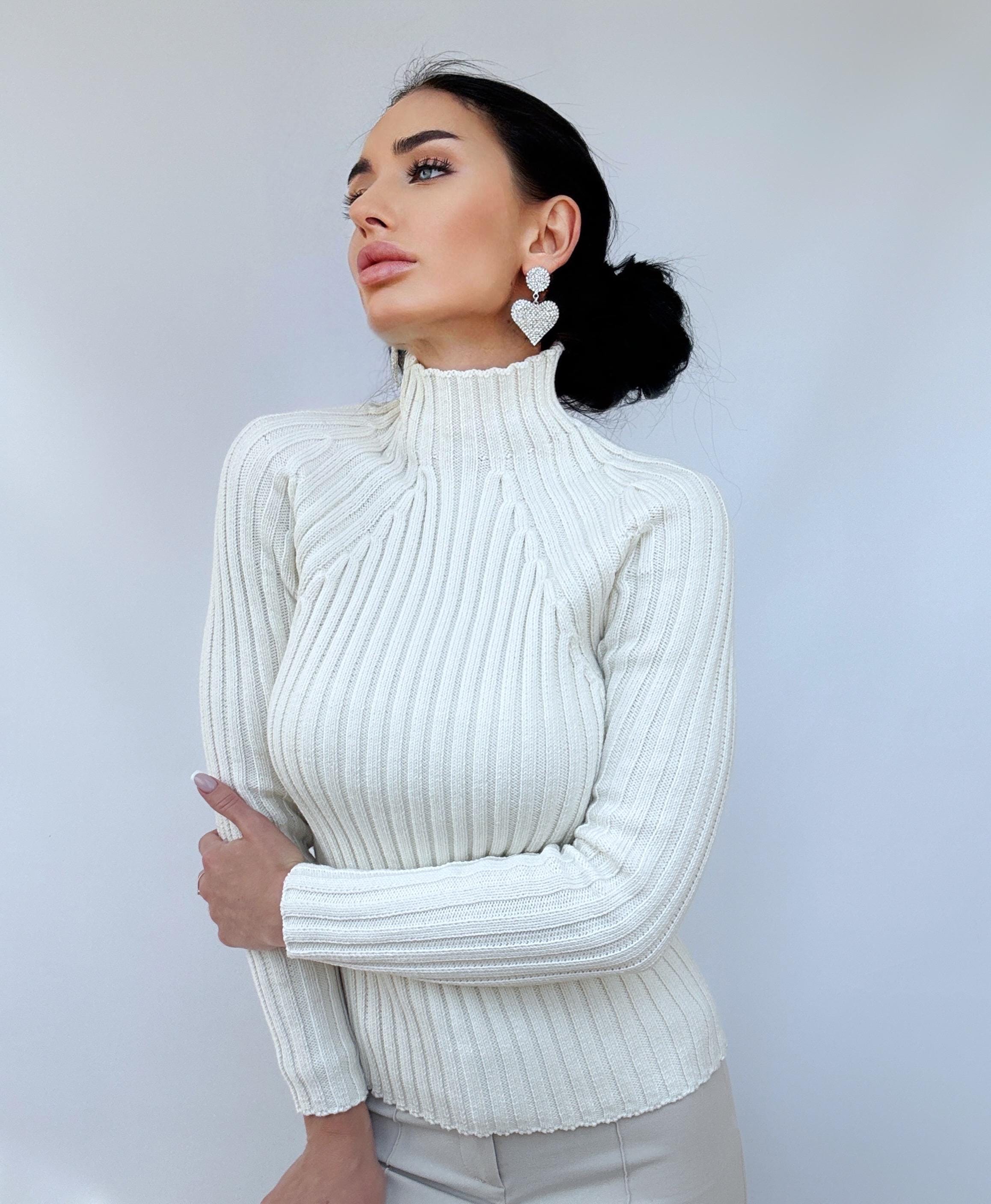Organic Cotton Knit White Turtleneck Women High Collar