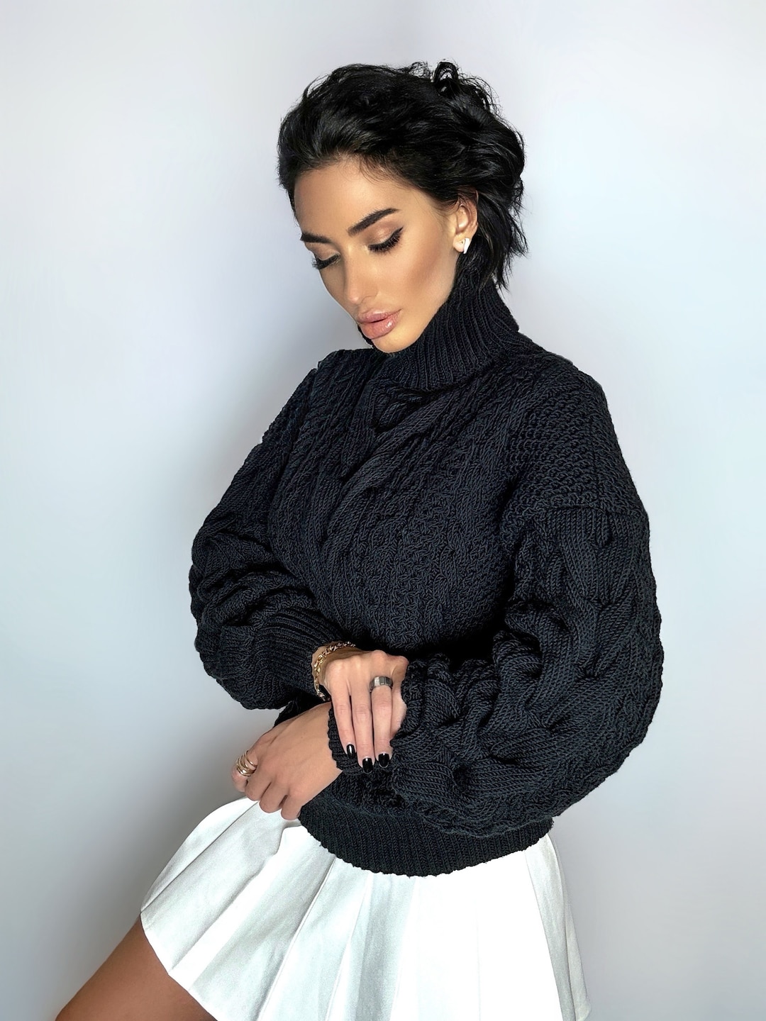 Hand Knitted Soft Merino Wool Black Sweater Chunky Knit Turtleneck
