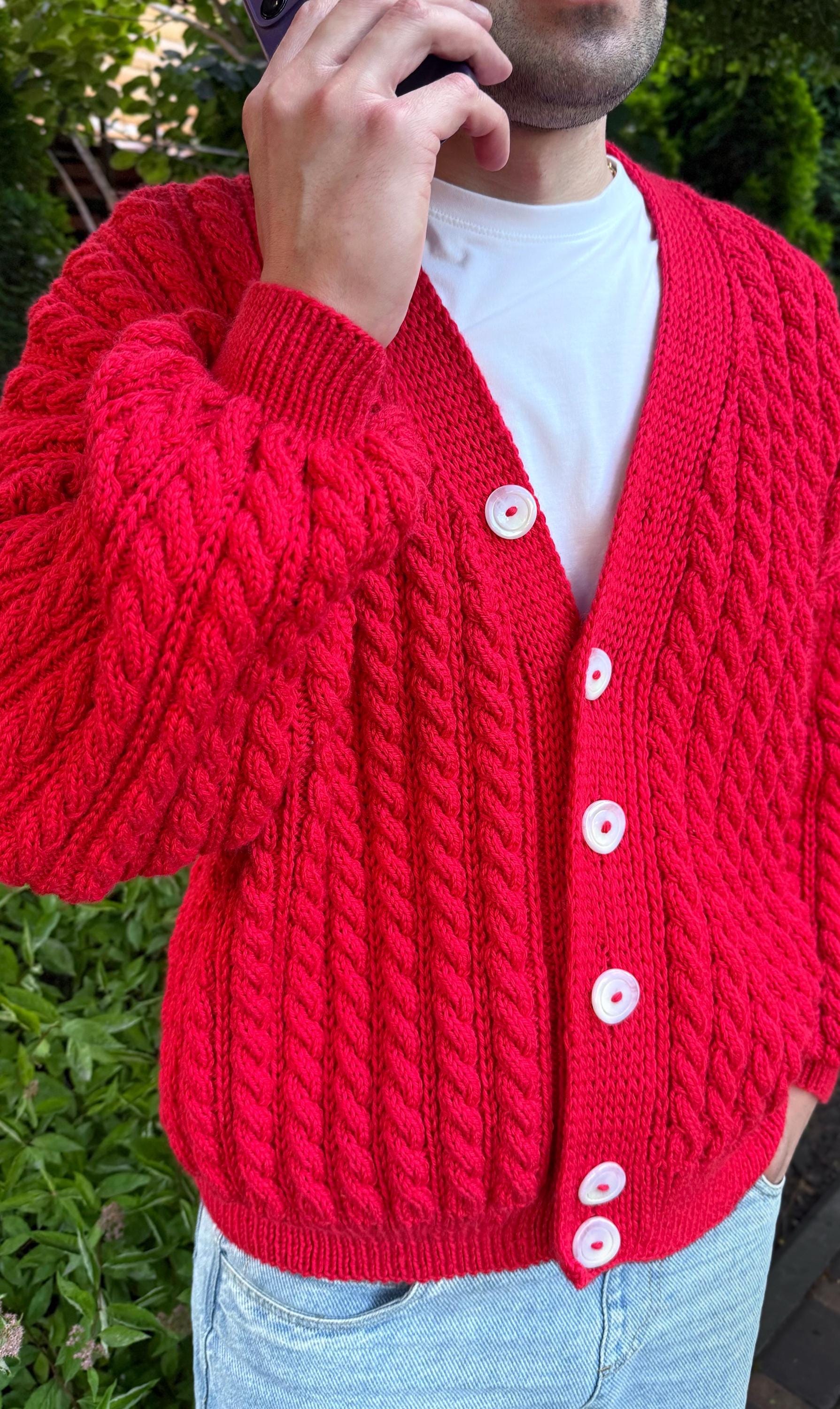 Cable Knit Mens Unisex Merino Wool Cardigan on Buttons Hand Knit