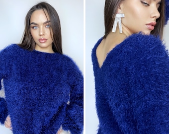 Dark blue wool free soft fluffy handknit body friendly sweater Open back Deep V-neckline Analogue of angora yarn pullover Loose fit oversize