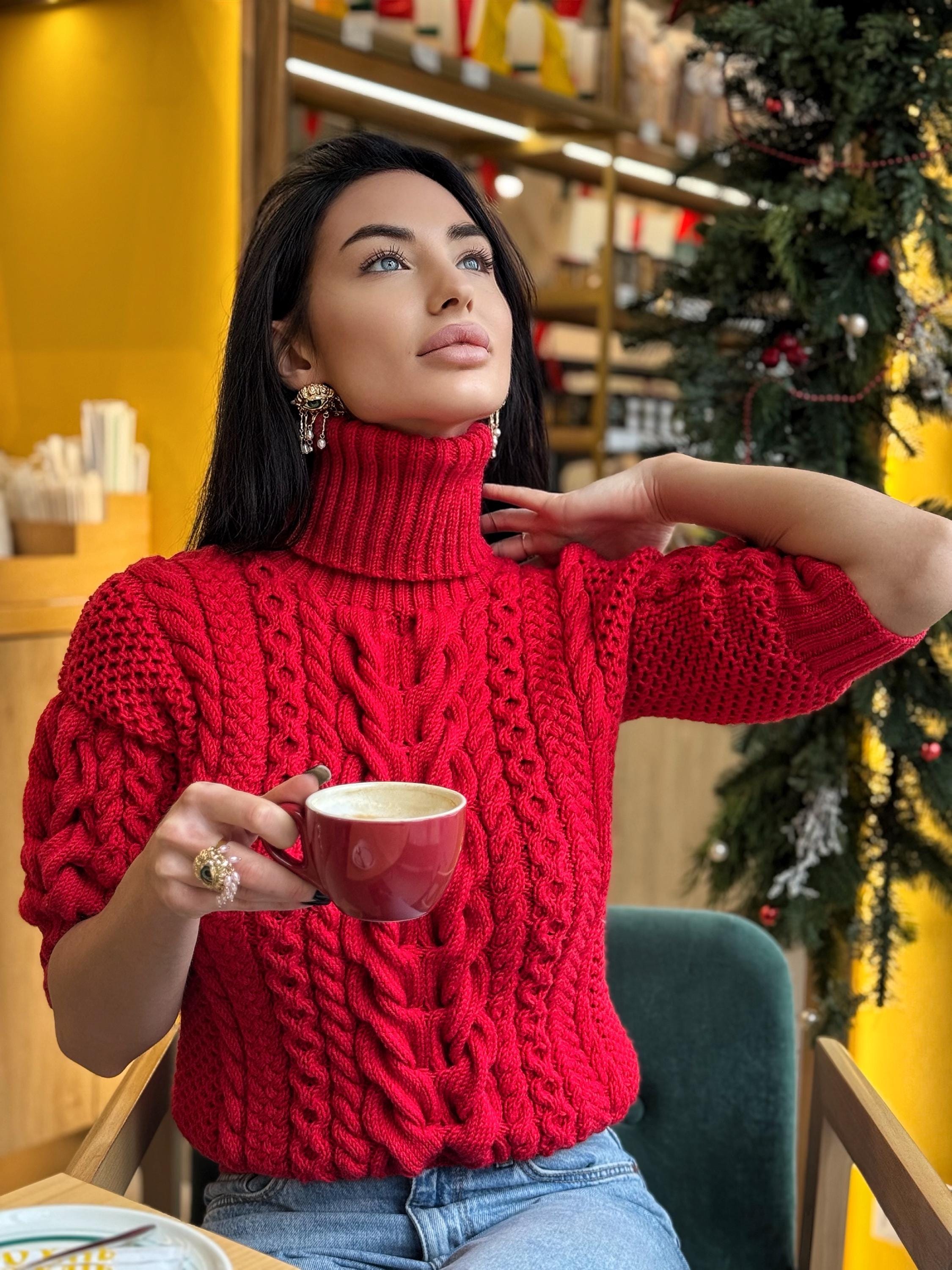 Chunky Hand Knit Red Turtleneck Sweater Top Crop Shot Sleeves