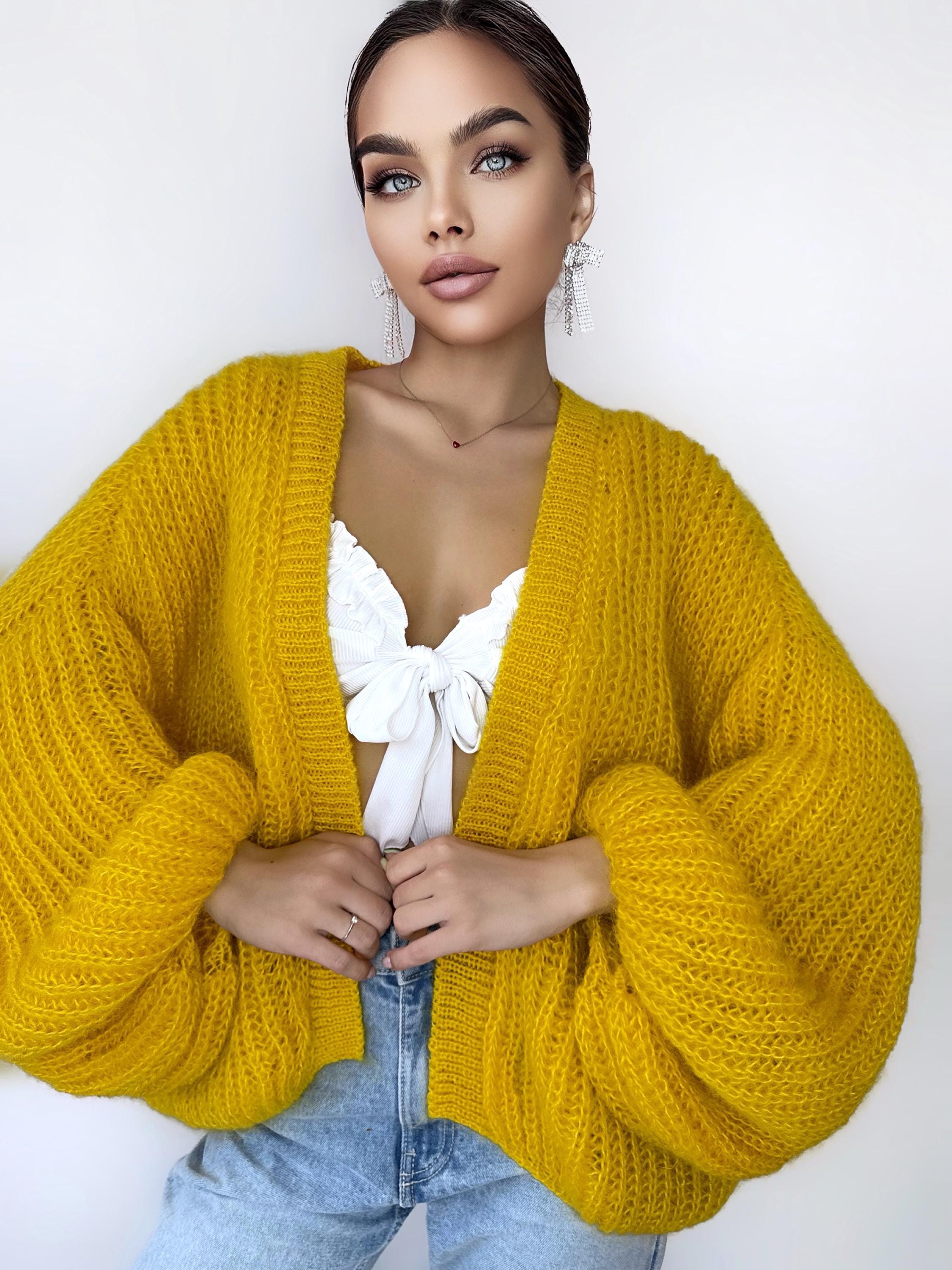 MOHAIR KNIT CARDIGAN（YELLOW） Mohair Cardigan Women Yellow Lemon Bright Cardigan Mohair Sweater