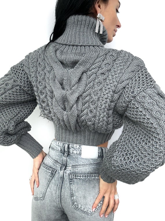 Jeans Grey Chunky Knit Jumper Crop Hand Knitted Dark Gray Wool - Main Image