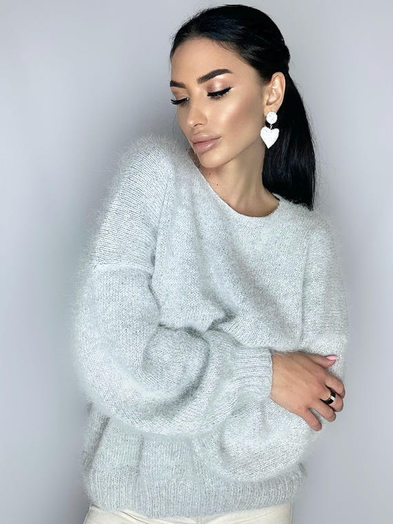 Gray Melange Angora Knit Sweater Knit Fluffy Angora Pullover Round
