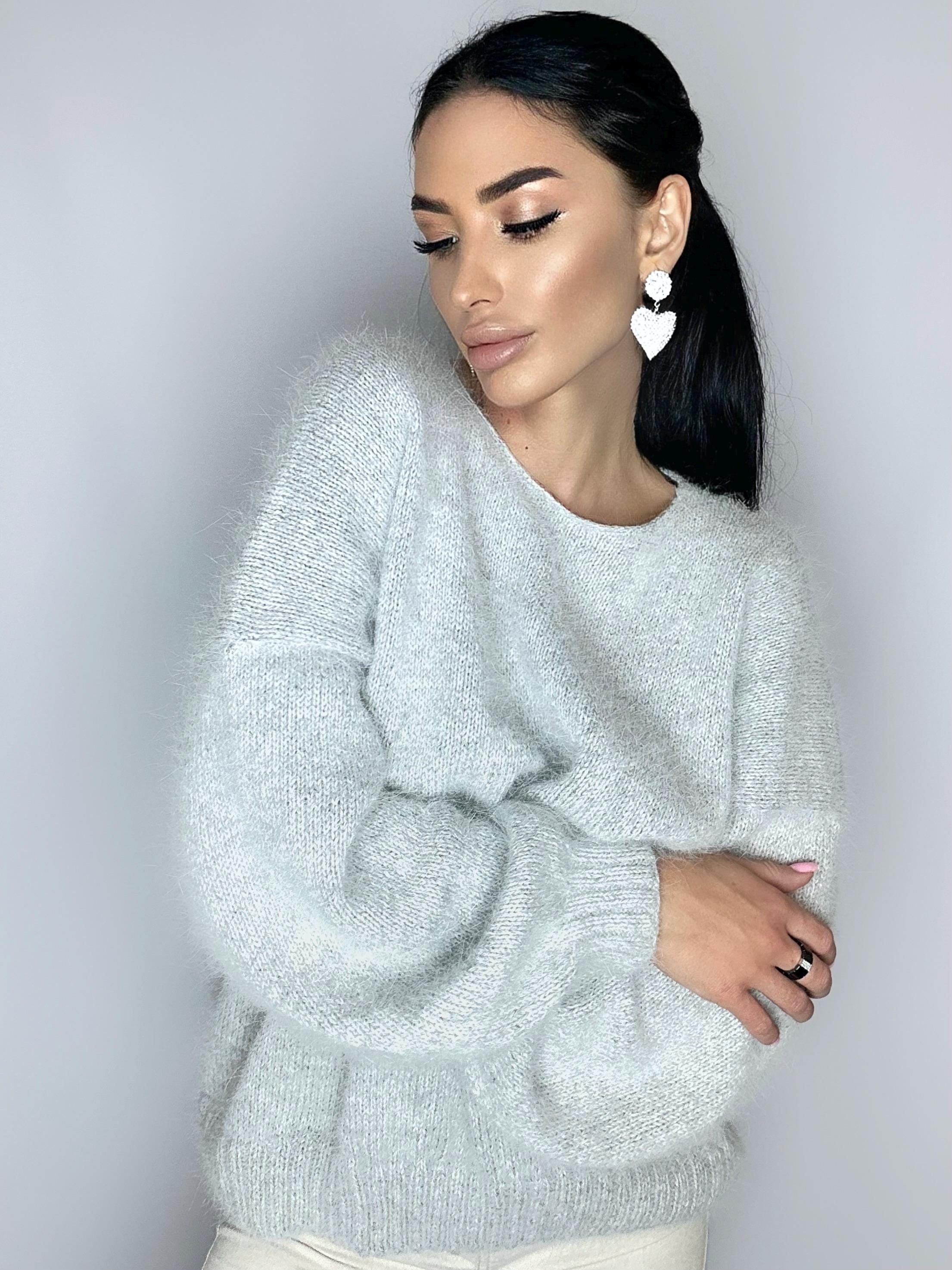 Gray Melange Angora Knit Sweater Knit Fluffy Angora Pullover Round