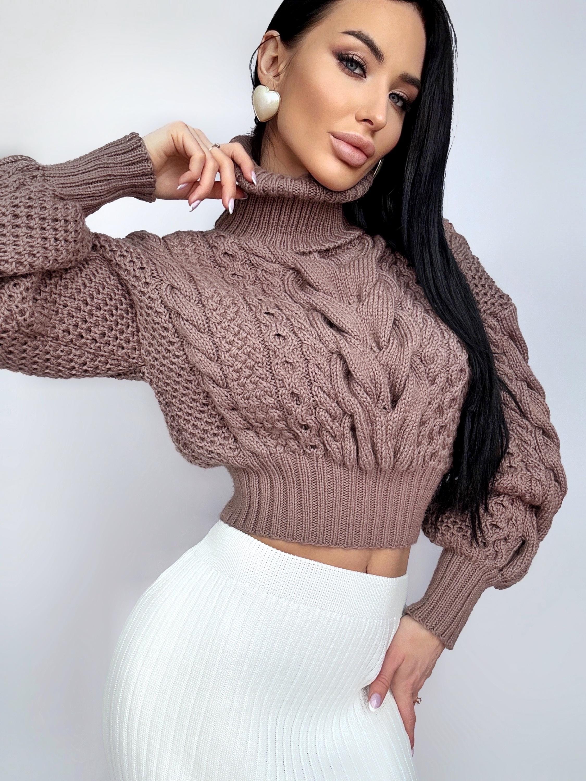 Crop Merino Wool Cable Knit Chocolate Light Brown Puff Sleeves