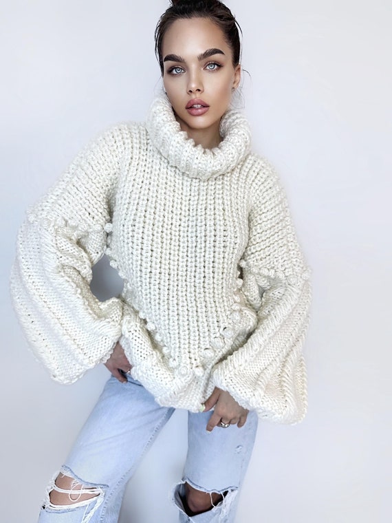 Sweater Grober Rollkragenpullover Grober Handgestrickter Big White