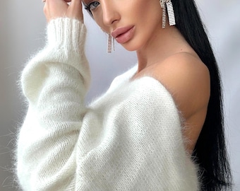 White Milk Cream angora sweater Open back Deep neckline Knit fluffy angora pullover Loose fit oversized V-neck Top long sleevs Cozy gift her
