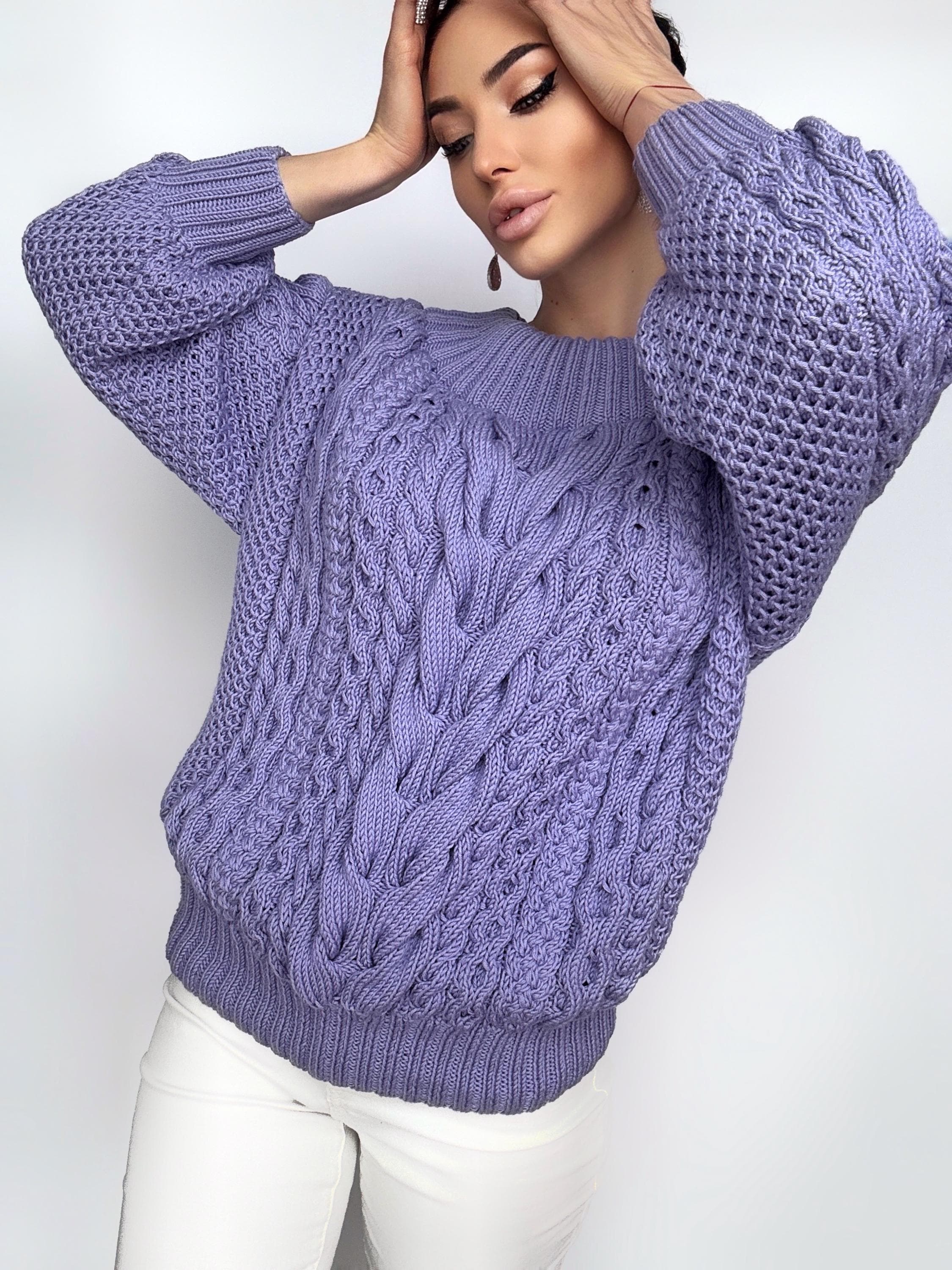 Hand Knit Cotton Lavender off Shoulders Sweater Women