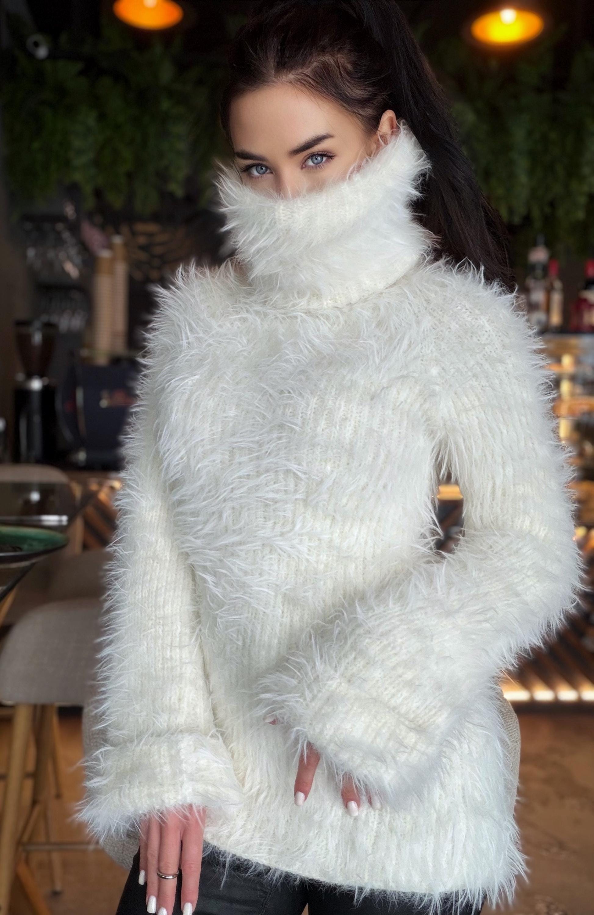 Large Big Hand Knit Turtleneck White Milk Fluffy Merino Wool in