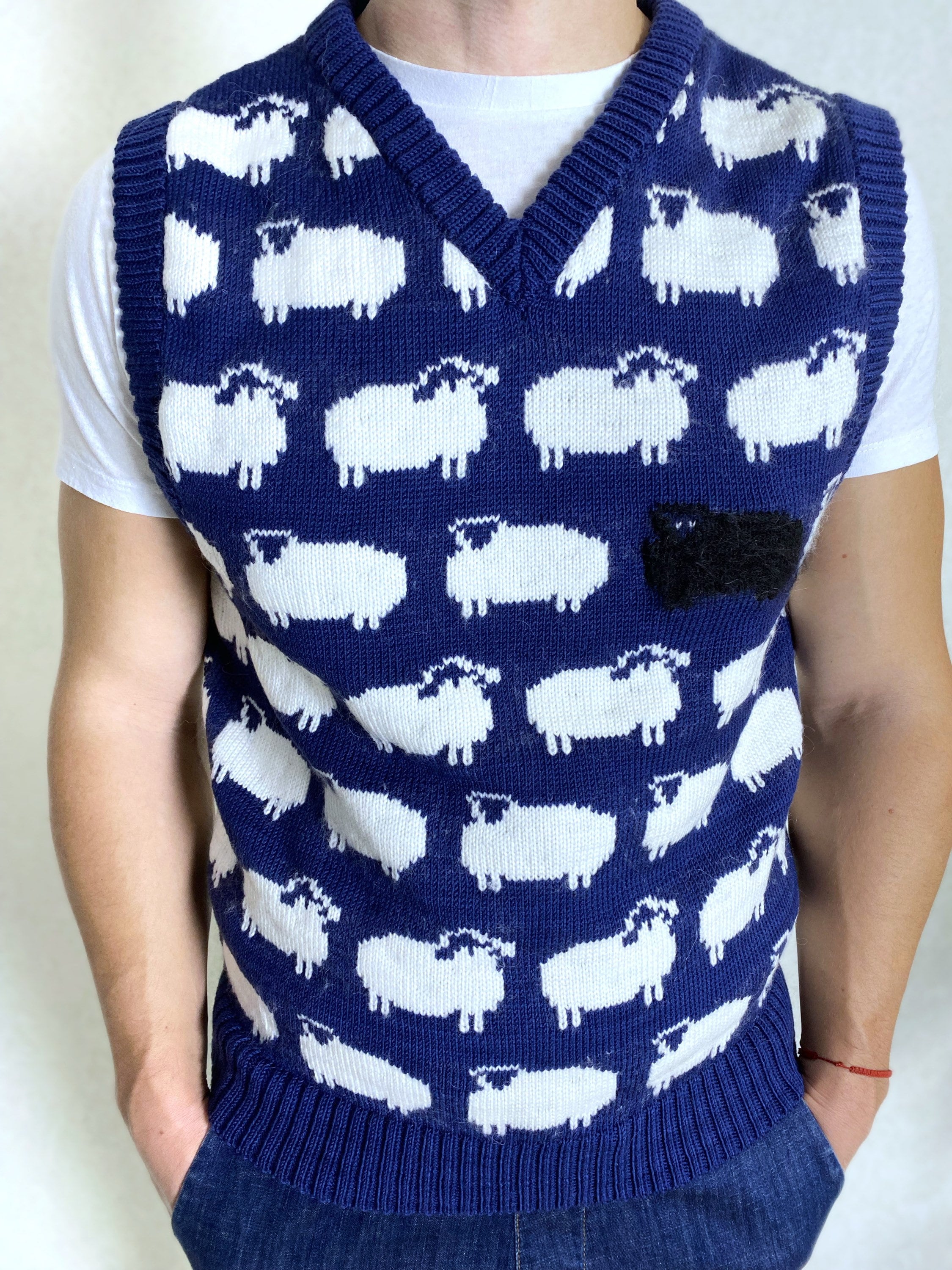 Blue Knitted Vest White Black Sheep for Men Knit Merino Cable Knit