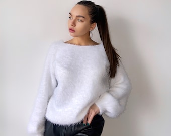 Body friendly white knit sweater Angora wool Hand knit open back Deep neckline Knit Milk pullover Loose fit oversized V-neck Fluffy Top