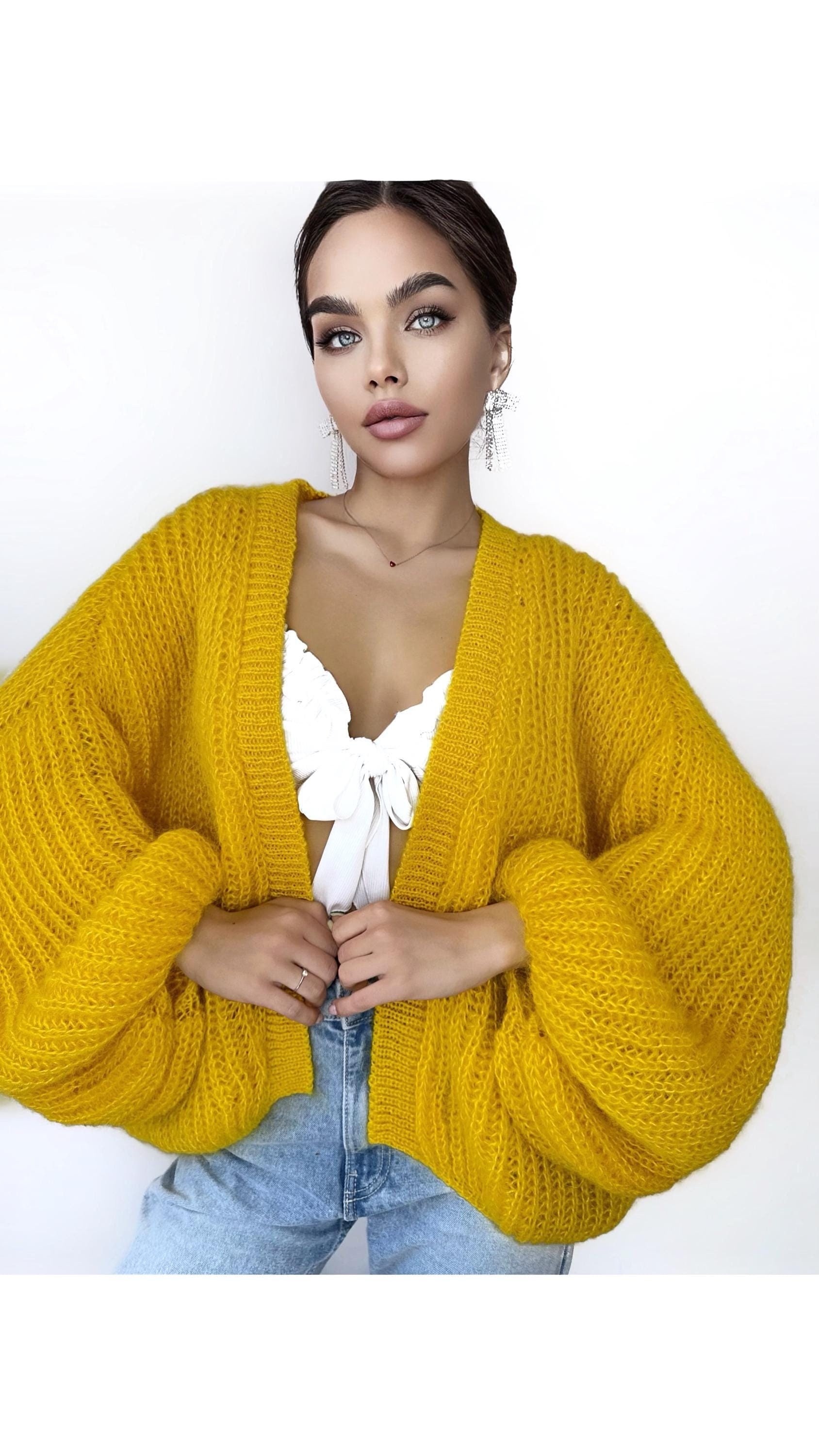 Mohair Cardigan Women Yellow Lemon Bright Cardigan Mohair Sweater