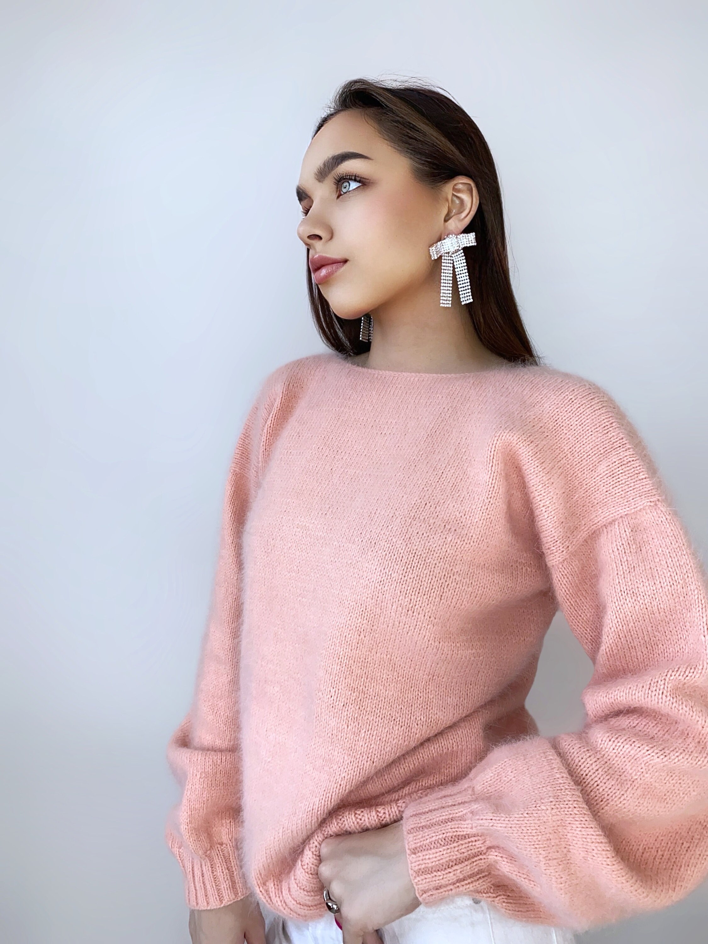 Peach Knit Angora Sweater Open Back Deep Neckline Fluffy