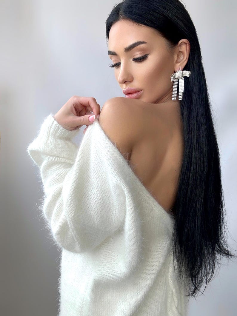 White Milk Cream Angora Sweater Open Back Deep Neckline Knit Fluffy ...