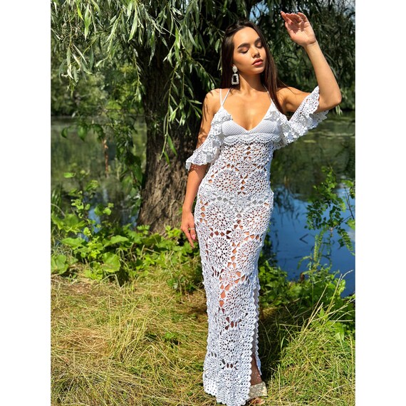 Crochet beach maxi vestido blanco con espalda abierta Croche