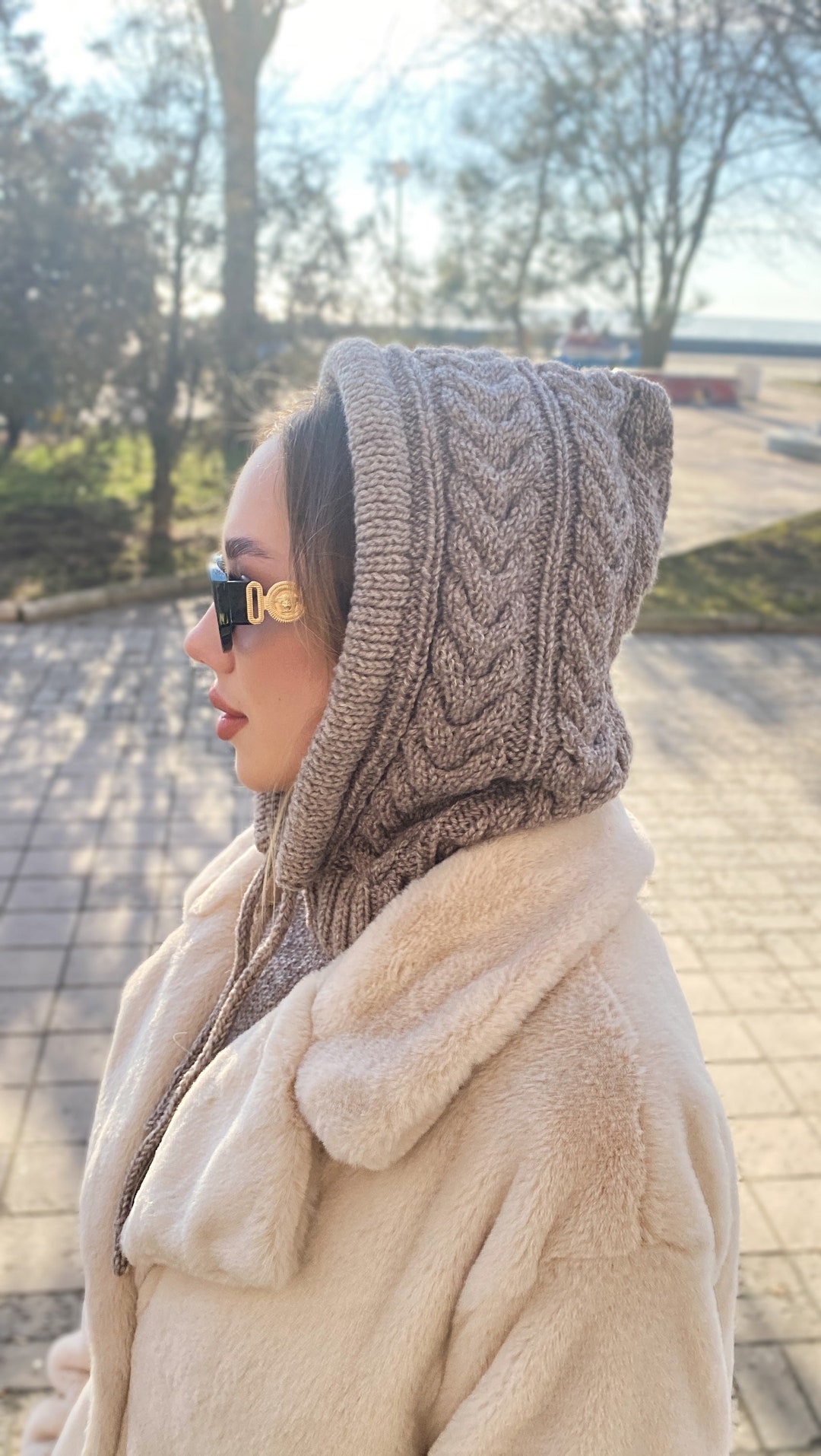 Knit Wool Hooded Scarf Kapor Shirt Hand Knitted Balaclava Hat Wool