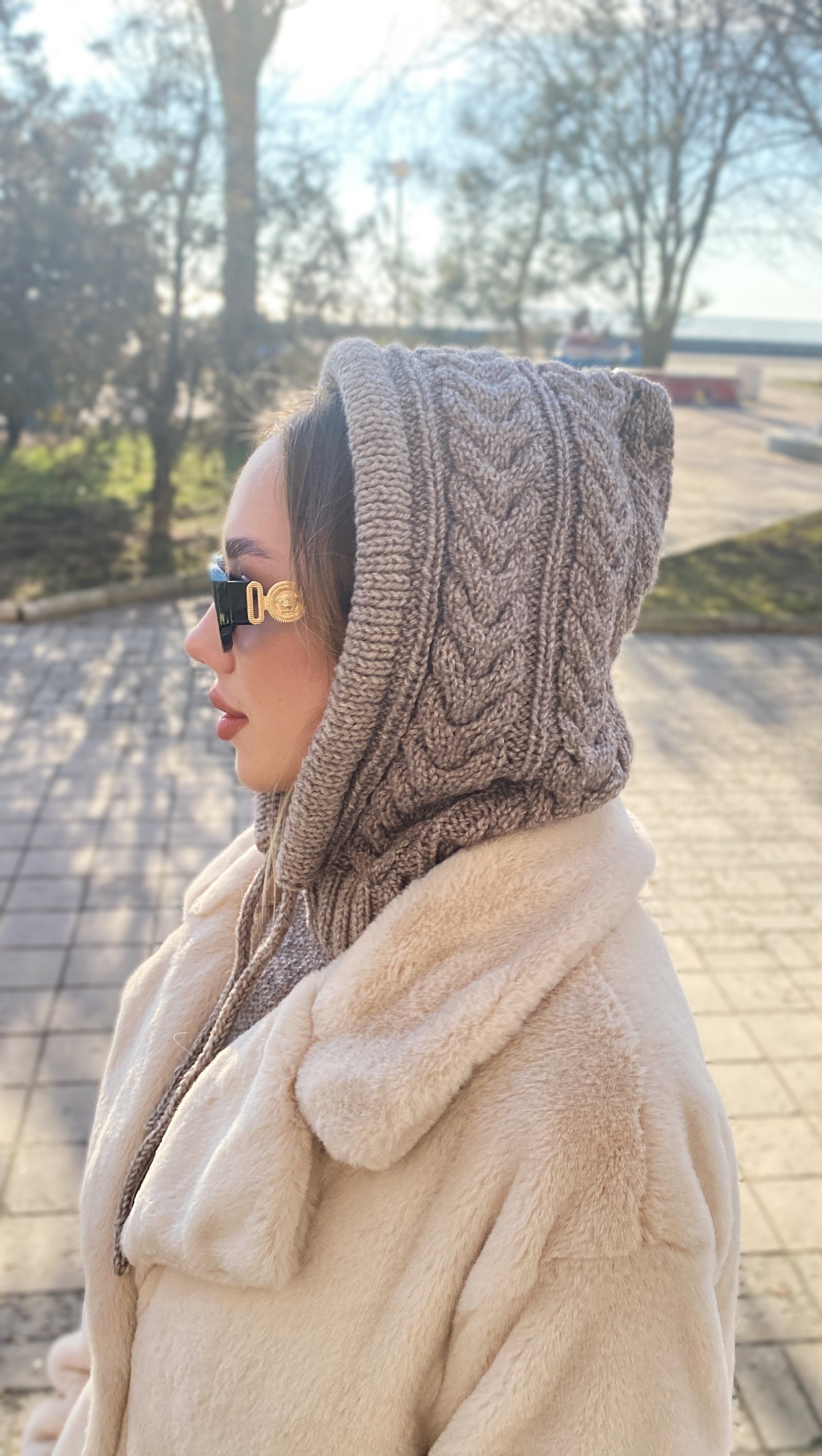 Knit Wool Hooded Scarf Kapor Shirt Hand Knitted Balaclava Hat Wool