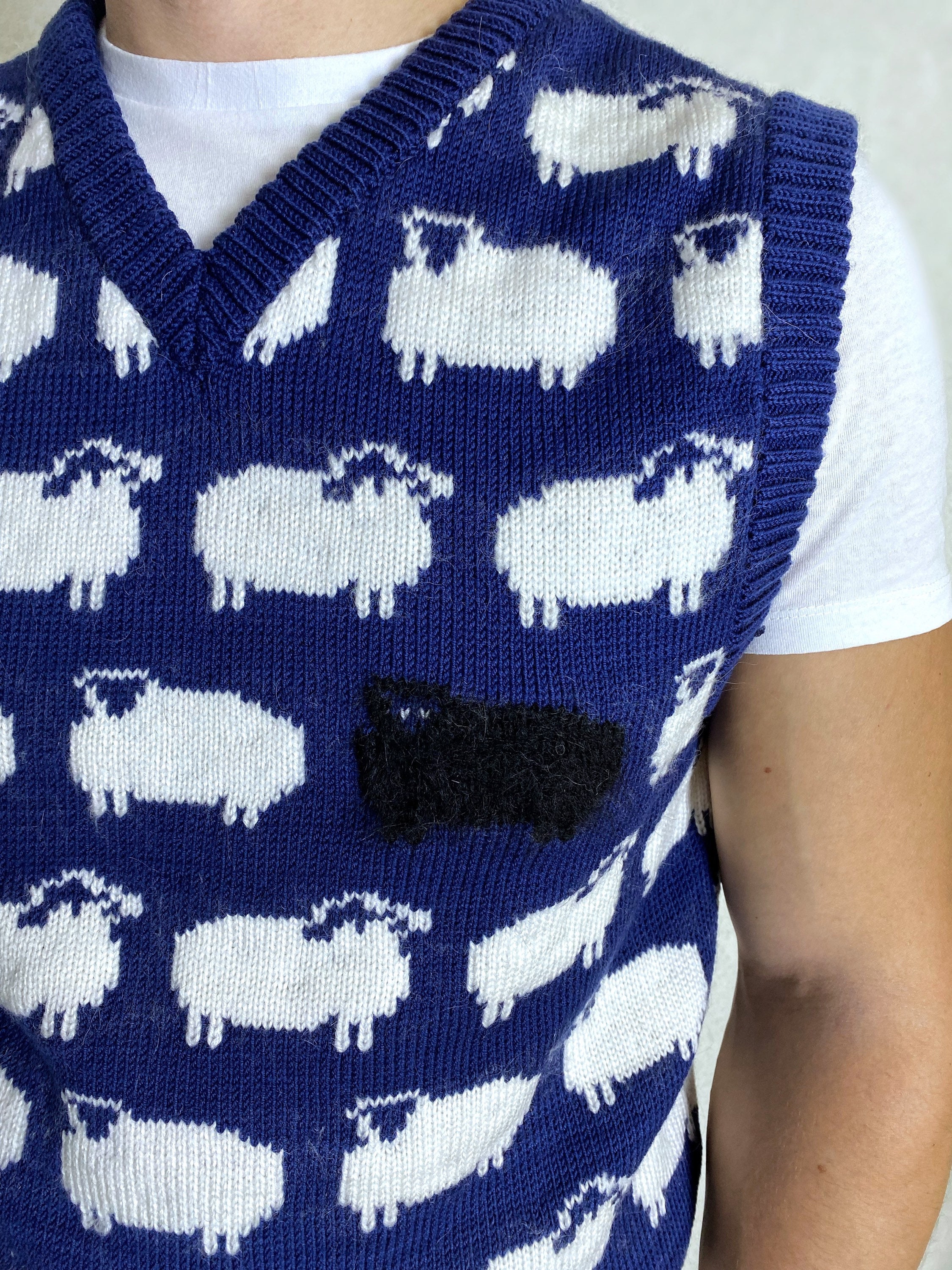 Blue Knitted Vest White Black Sheep for Men Knit Merino Cable Knit