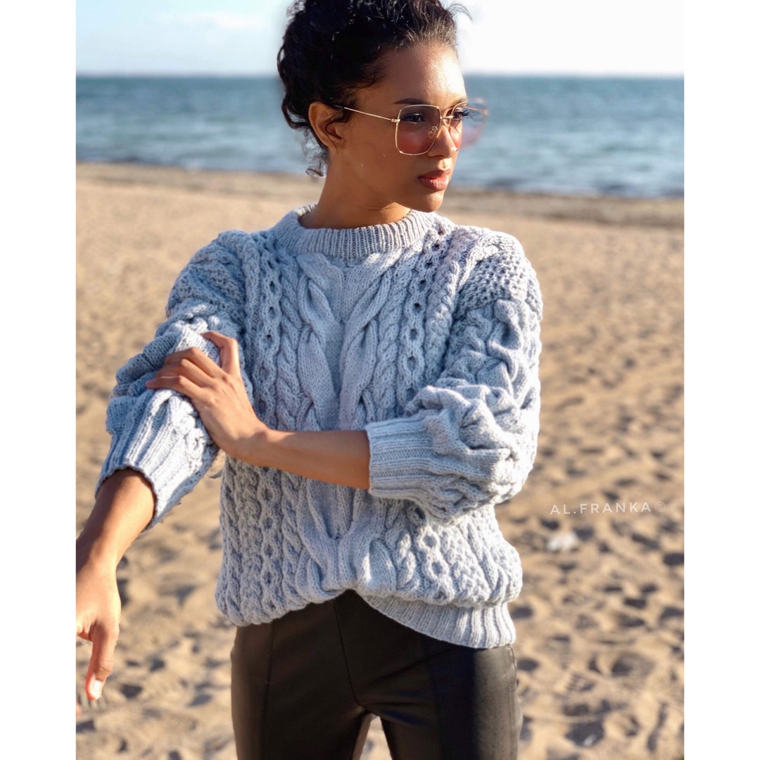 Blauwe gebreide wollen trui voor dames Handgebreide trui Halve