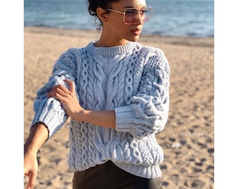 Blue knit wool sweater women Hand knit jumper Half sleeve Cable knitting Loose knit Oversized Chunky knit light blue knitted pullover