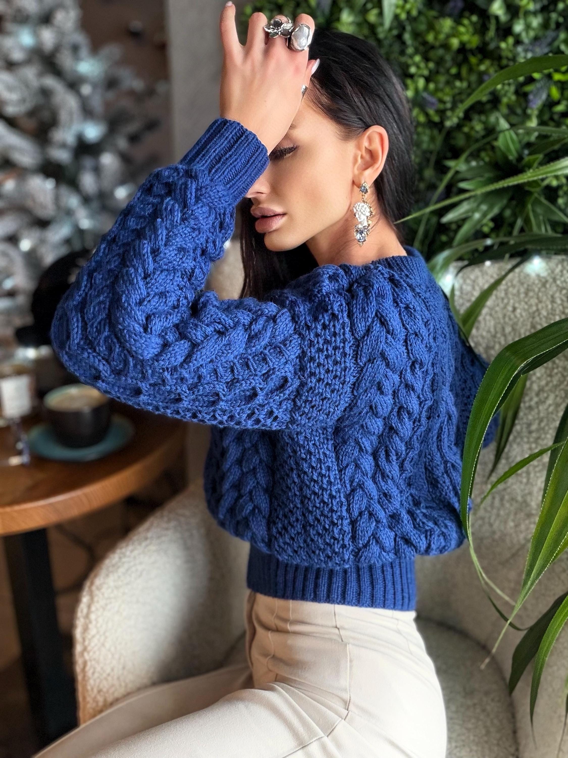 Cropped Hand Knit Merino Wool Dark Royal Blue Aran Sweater Top