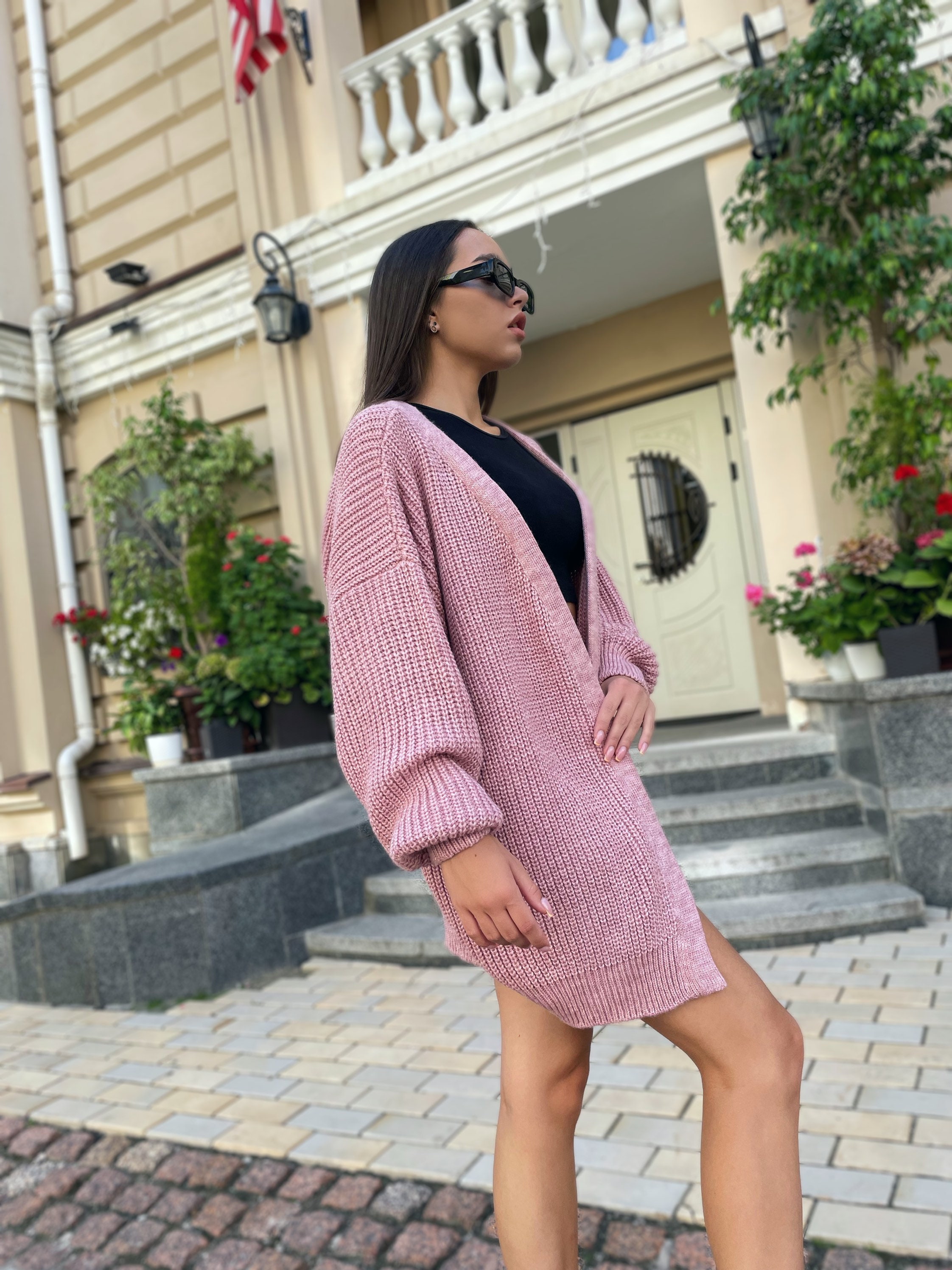 Chunky Knitted Cardigan Oversize Pink Sweater Cable Knit Cardigan