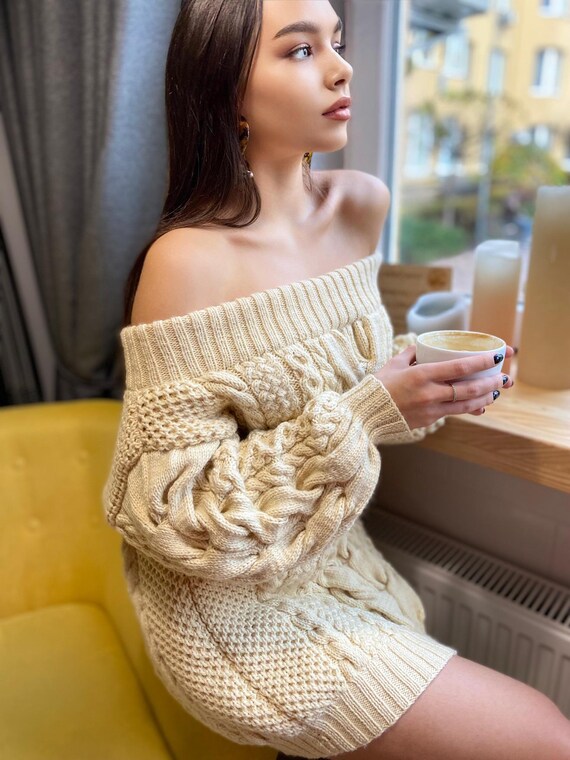 off the shoulder cream sweater dress Glamorous Sweater Dress - Cream Ribbed Dress - OTS Midi Dress