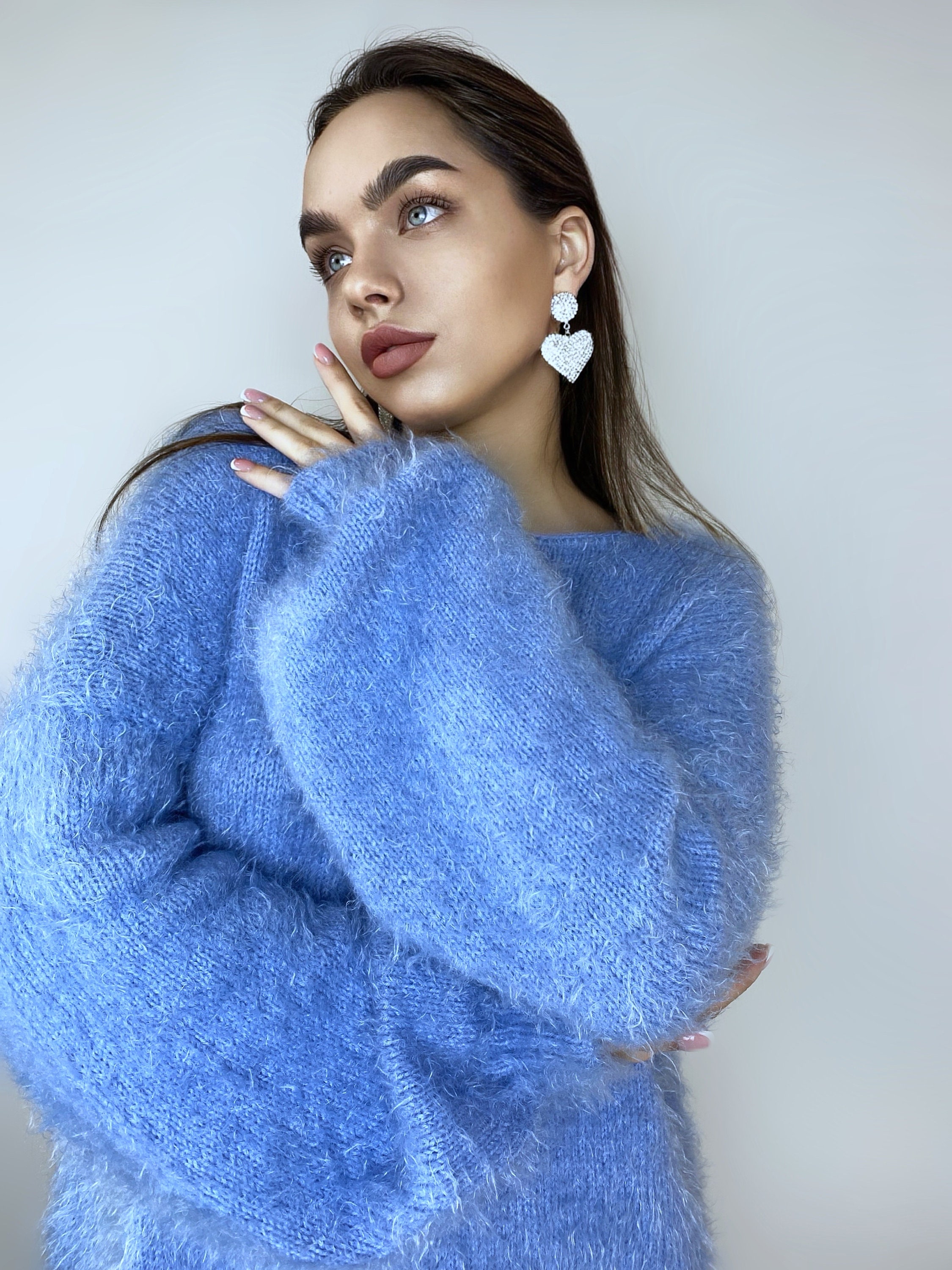 Wool Free Soft Fluffy Blue Hand Knit Body Friendly Sweater Open