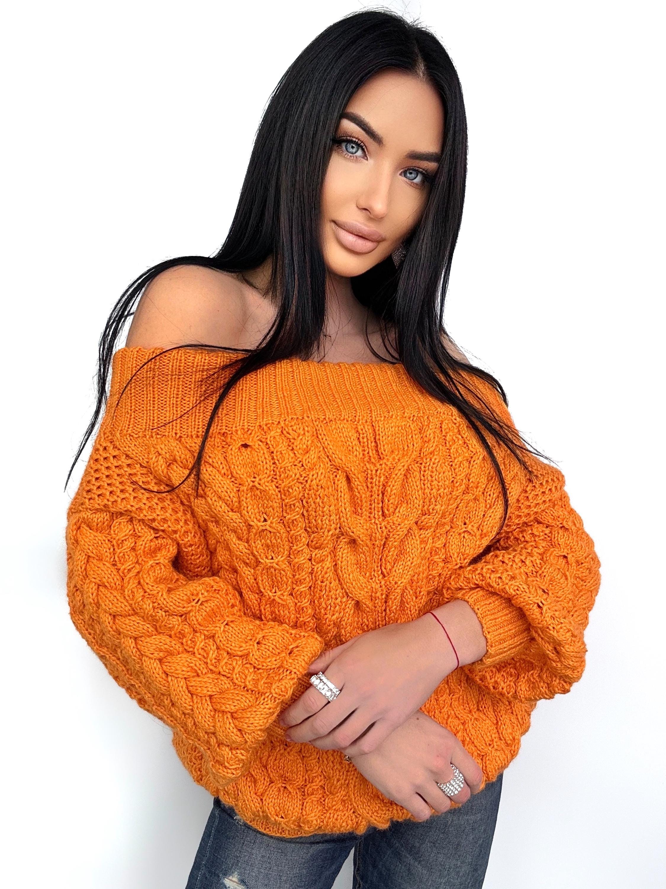 Cable Knit Sweater off the Shoulder Orange Grapefruit Coral Chunky
