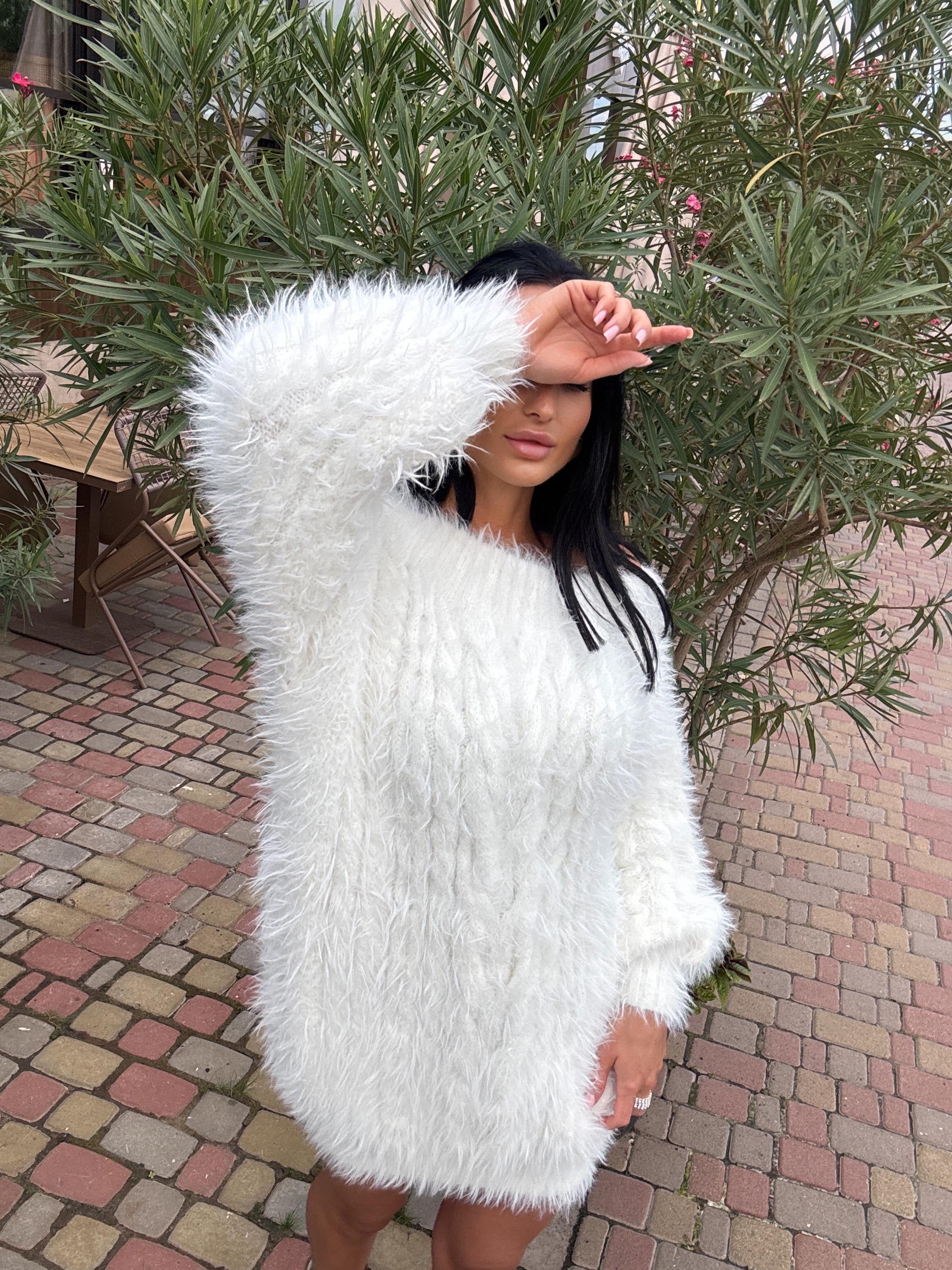 Hand knit fluffy White gray women off shoulder sweater dress Long Cable wool sweater Knitted one shoulder dress Big cozy
