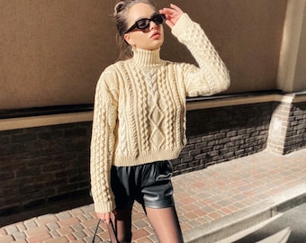 Hand Knit Sweater Chunky Knit Turtleneck Pullover Oversize Crop