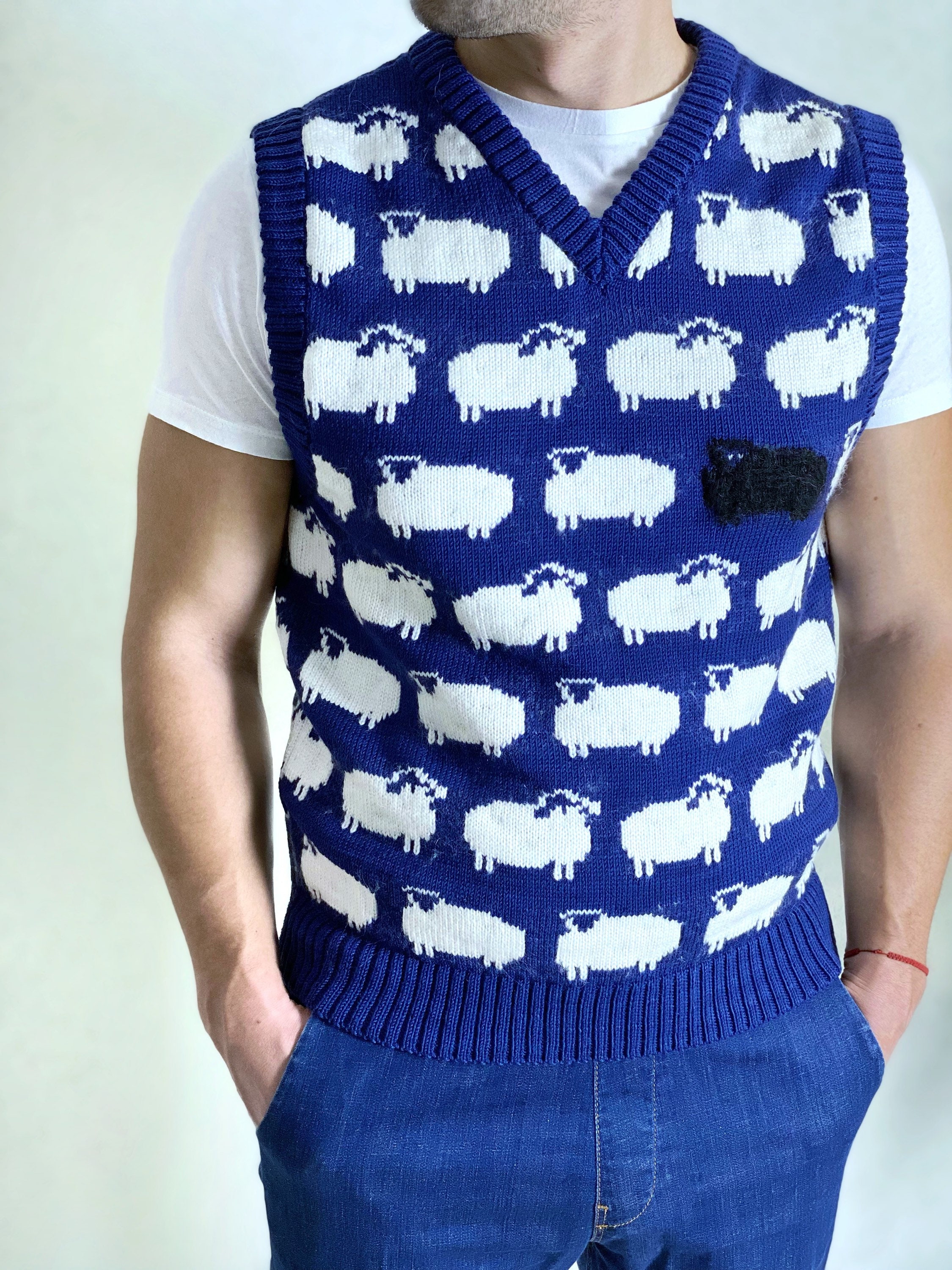 Blue Knitted Vest White Black Sheep for Men Knit Merino