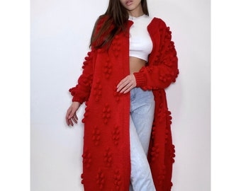 Hand knit merino wool mixture Midi cardigan Long popcorn for women Popcorn Stitch Bobble Chunky knit sweater