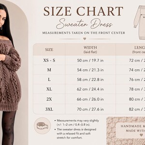 May include: A brown off-the-shoulder cable knit sweater dress with long sleeves and a textured pattern. The image includes a size chart with width and length measurements in centimeters and inches for sizes XS-S through 3XL, plus a diagram.