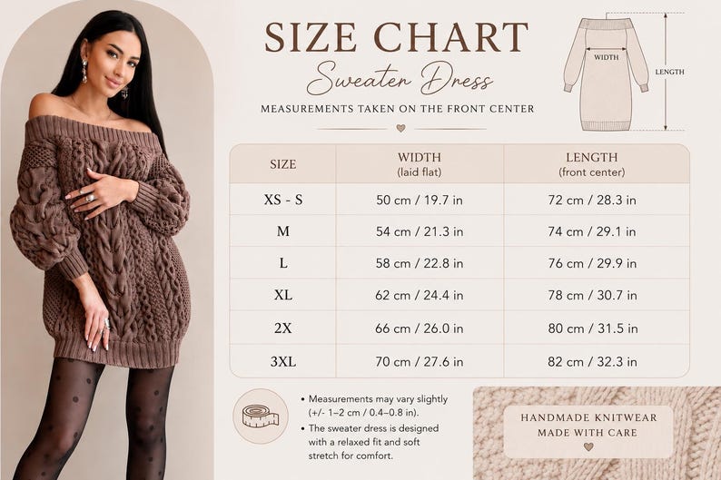 May include: A brown off-the-shoulder cable knit sweater dress with long sleeves and a textured pattern. The image includes a size chart with width and length measurements in centimeters and inches for sizes XS-S through 3XL, plus a diagram.