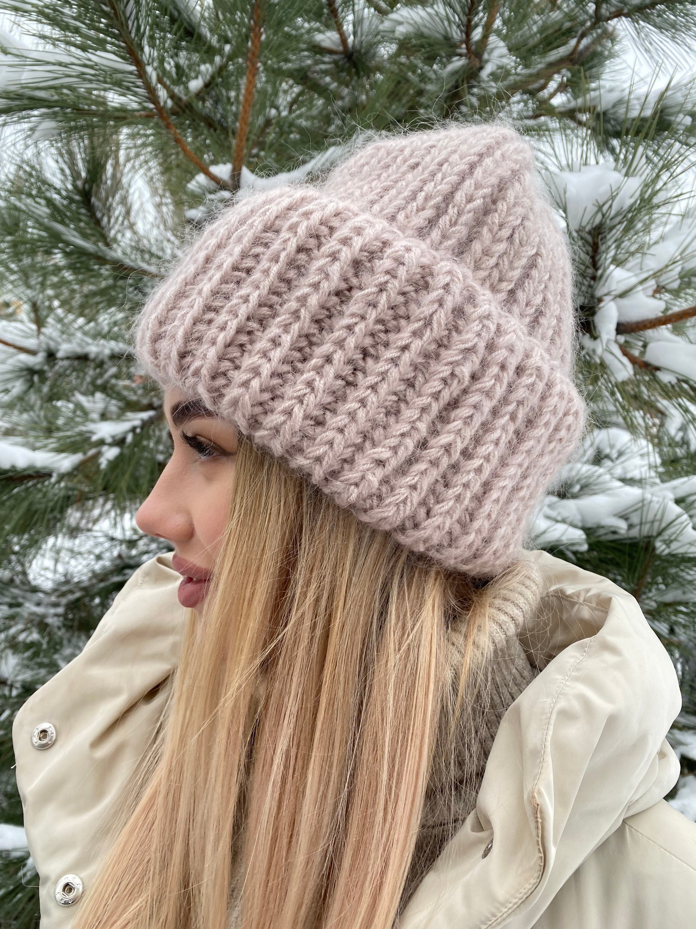 Beige Wool Mohair Hat Bulky Fluffy Winter Beanie Beige