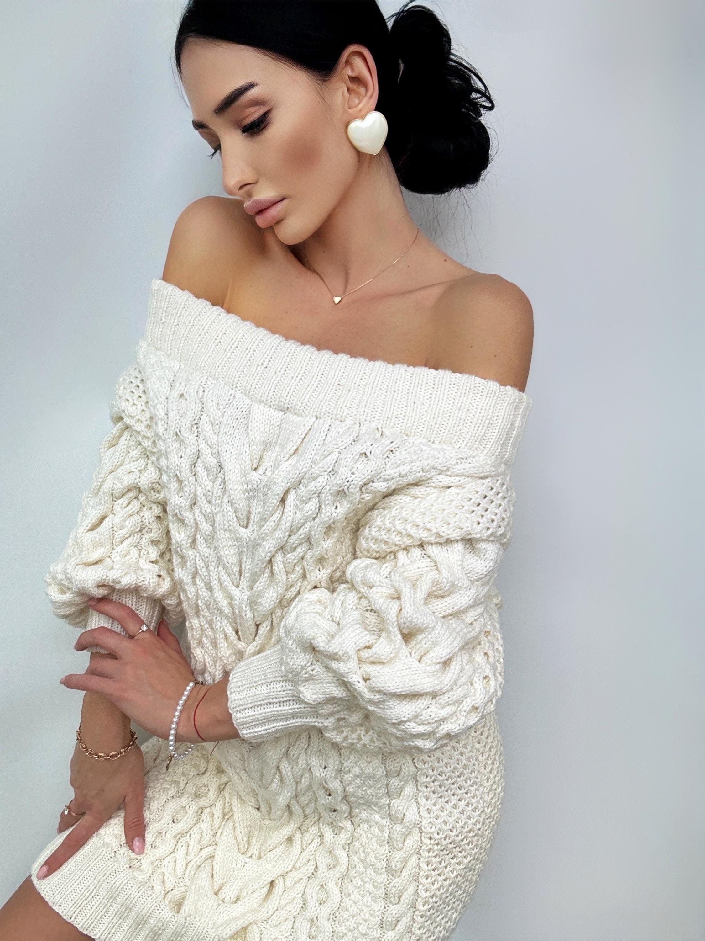 Hand knit sweater dress women White off shoulder sweater dress Long Cable wool sweater Knitted one shoulder dress Big cozy handmade dress Hand knit sweater dress women White off shoulder sweater dress Long Cable wool sweater Knitted one shoulder dress Big cozy handmade dress
