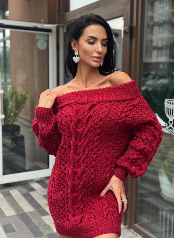 Hand knit merino wool red burgundy sweater dress women Cable knit sweater open shoulders Long wool sweater braids knit dress one shoulder