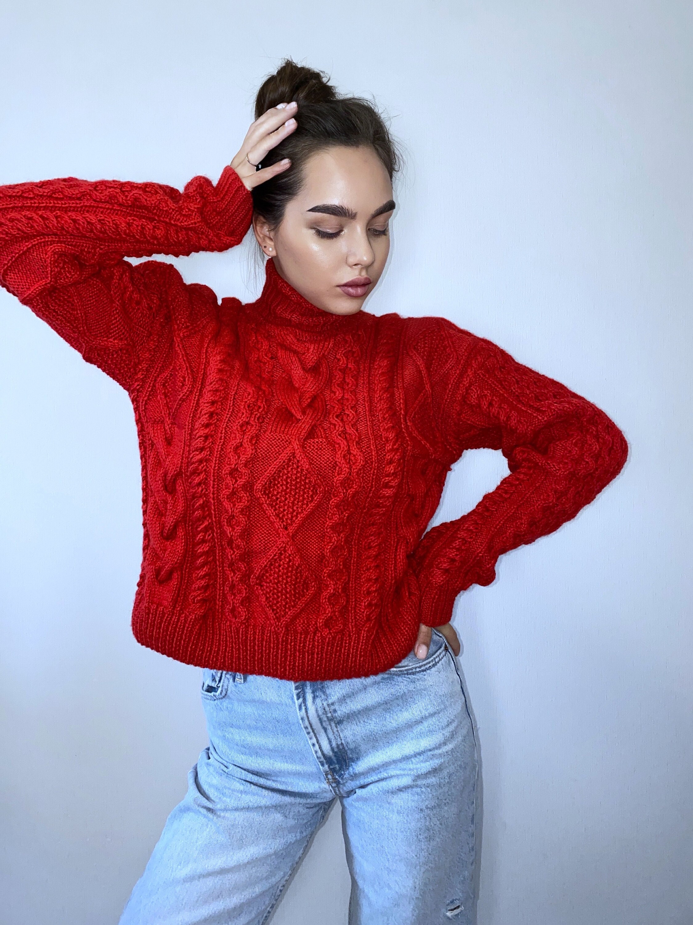 Hand Knit Red Merino Soft Mixture Sweater Chunky Knit Turtleneck