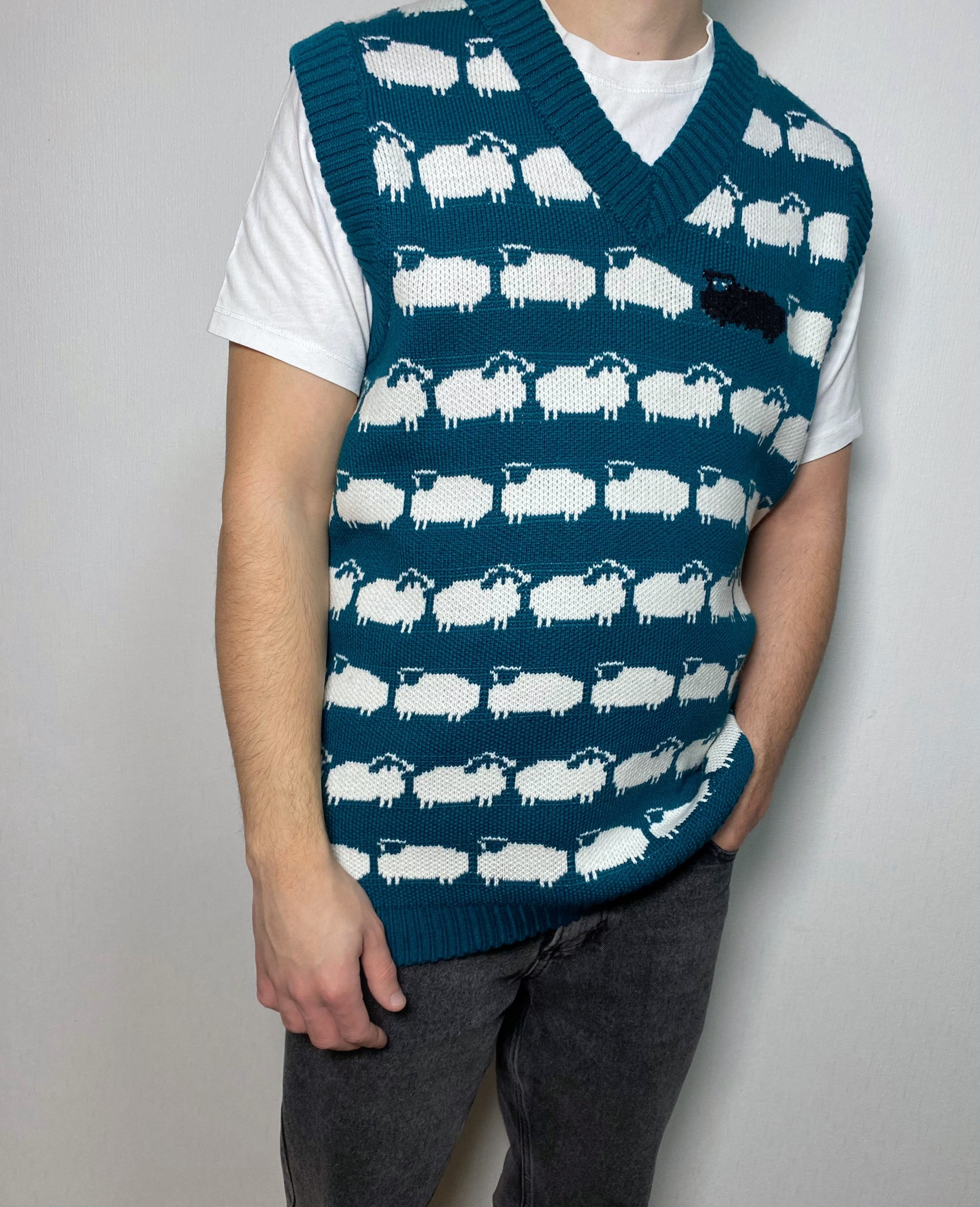 Emerald Green Knit Vest White Black Sheep for Men Knit Merino