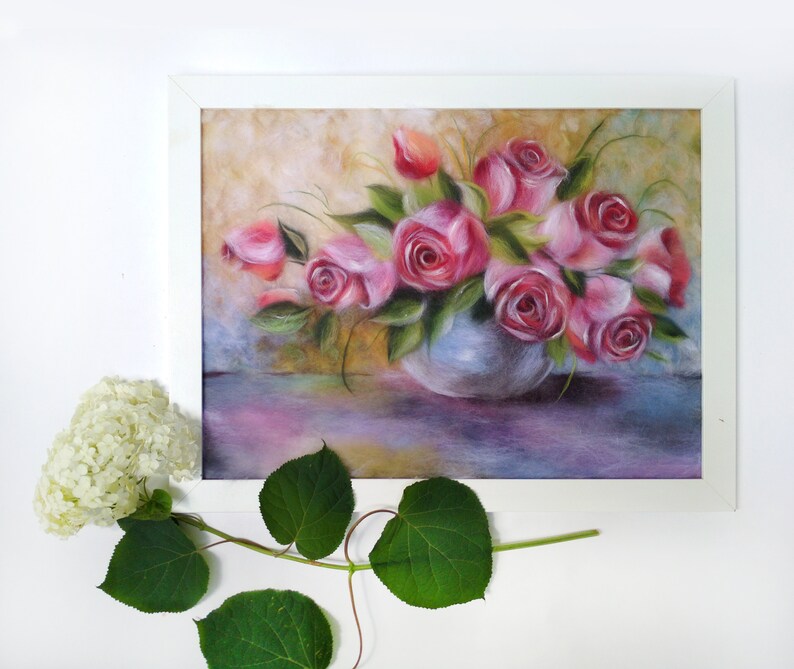 Peinture De Laine Tableau En Laine Feutrée Art Mural Rose Etsy