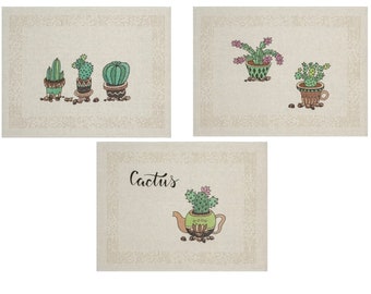 Kitchen Towels Linen Set with Loop - Cactus Decor Tea Towels | Natural Fabric | Designed Flax Towel Set |  (23x18" each) Linen / Cotton Mix